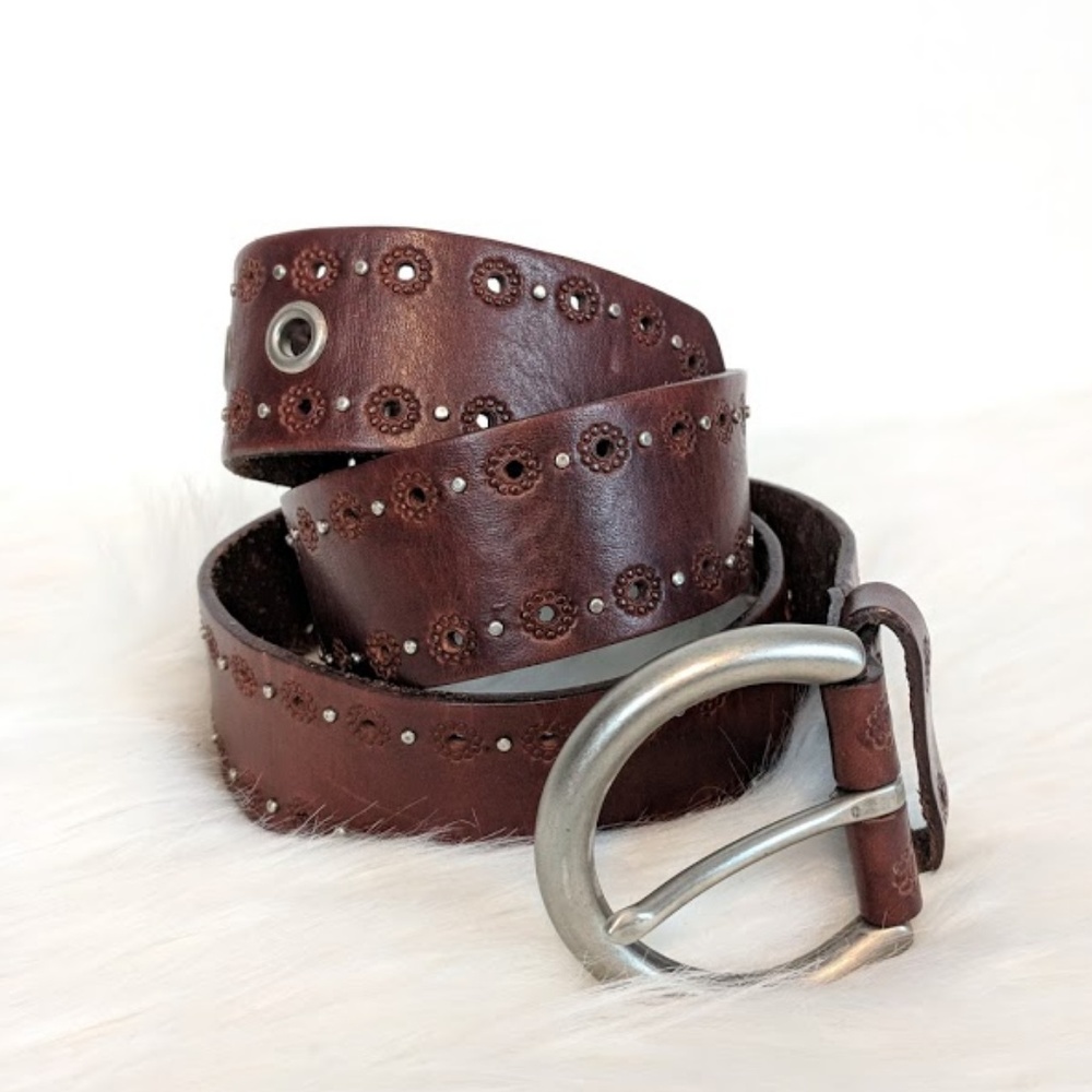 Fossil Tooled Leather Studded Silver Belt